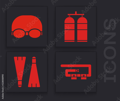 Set Diving belt, Glasses and cap for swimming, Aqualung and Rubber flippers for swimming icon. Vector