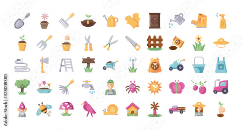 gardening equipment icon set, flat detail style