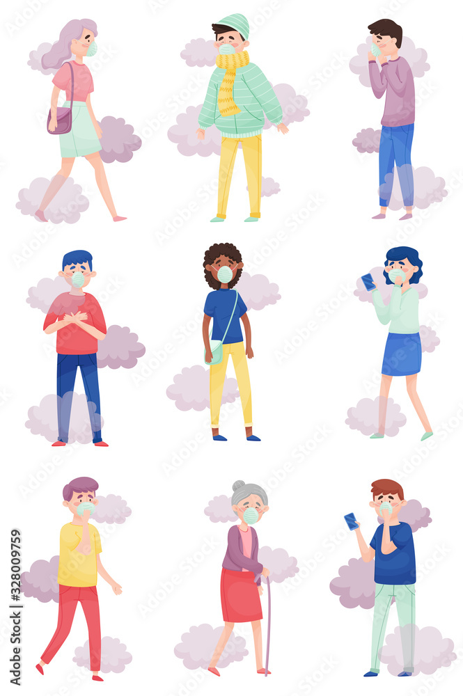 People Wearing Masks Because of Bad Air and Dust Vector Illustrations Set