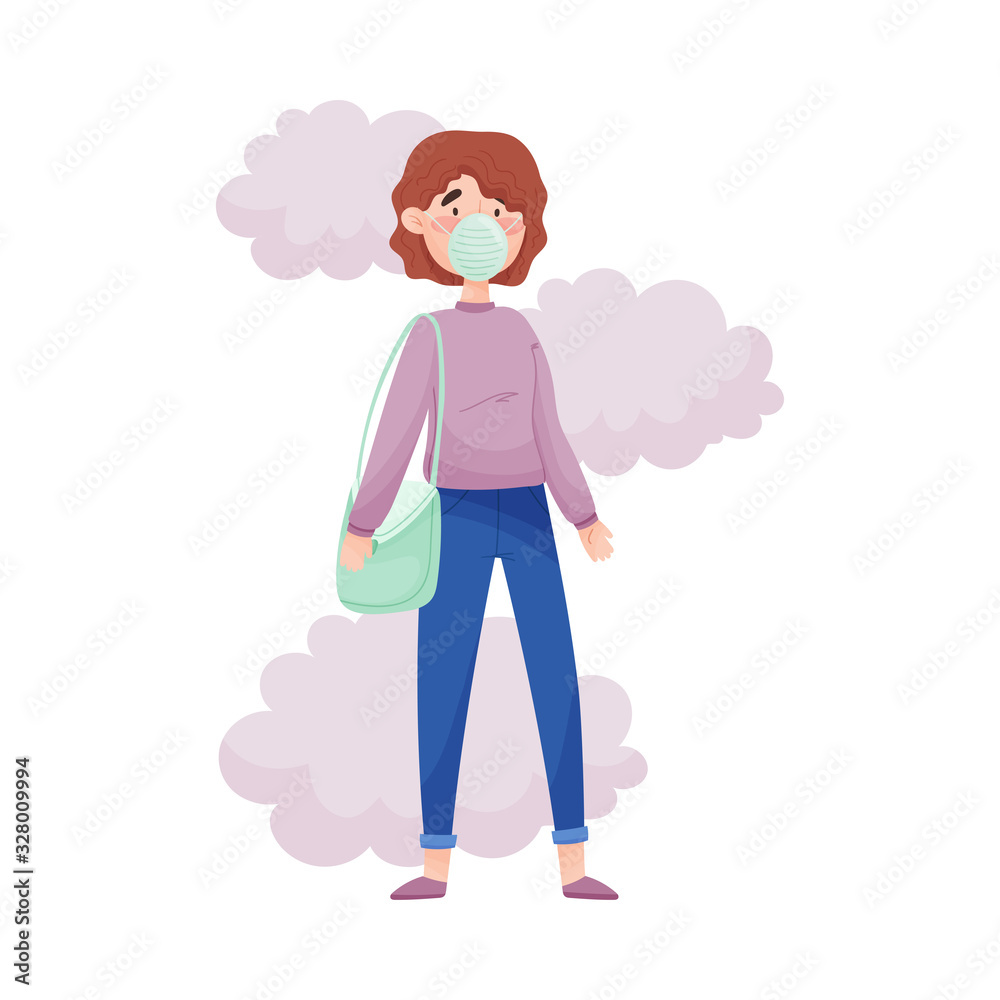 Young Woman Wearing Safety Mask Because of Bad Air and Dust Vector Illustration Young Woman Wearing Safety Mask Because of Bad Air and Dust Vector Illustration