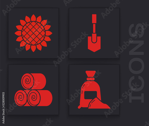 Set Bag of flour, Sunflower, Shovel and Roll of hay icon. Vector