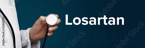 Losartan. Doctor in smock holds stethoscope. The word Losartan is next to it. Symbol of medicine, illness, health photo