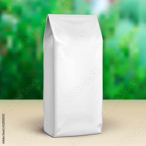 Mockup Blank Stand Up Pouch Snack Sachet Bag. Mock Up, Template. Green Summer Garden Background. Ready For Your Design. Product Packaging. Vector EPS10