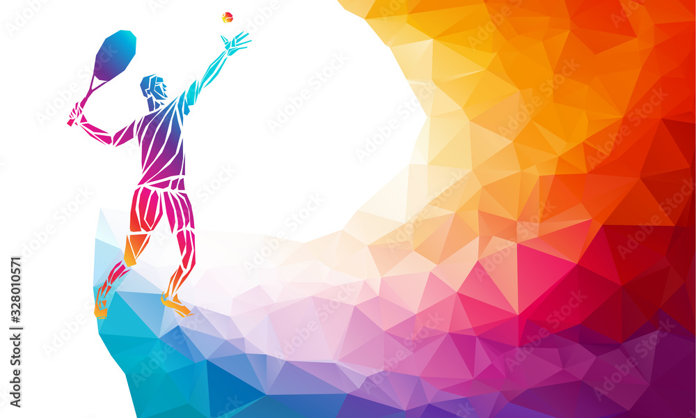 Fototapeta premium Creative silhouette of tennis player. Racquet sport vector illustration or banner template in trendy abstract colorful polygon style with rainbow back