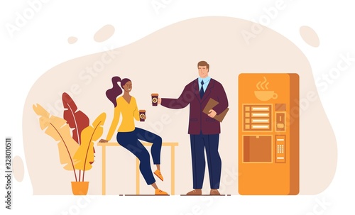 Office Coffee Break, Colleagues Conversation, Coworkers Informal Communication Concept. Resting Businesspeople, Company Manager Talking with African-American Woman, Trendy Flat Vector Illustration