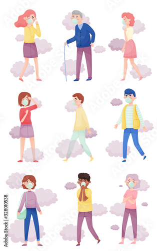People Wearing Masks Because of Bad Air and Dust Vector Illustrations Set