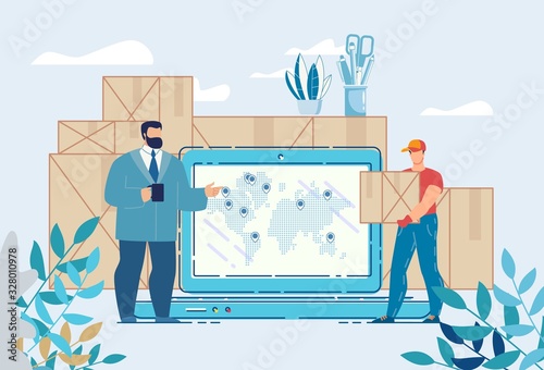 Warehouse and Logistic Department Working Process. Loader Bringing Packages in Post Storehouse. Main Manager Logistician Taking Parcels from Employee. Worldwide Tracking System on Laptop