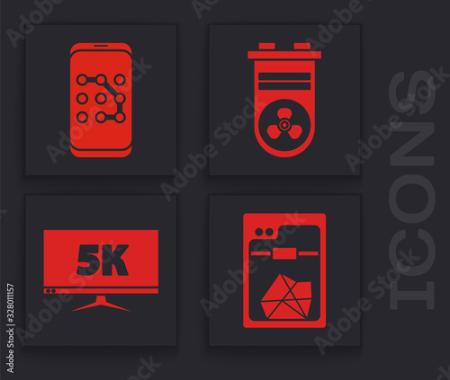 Set 3D printer, Mobile and graphic password protection, Video graphic card and Monitor display with 5k video icon. Vector