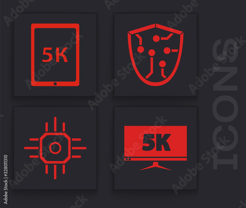 Set Monitor display with 5k video, Tablet with text 5k, Cyber security and Processor icon. Vector