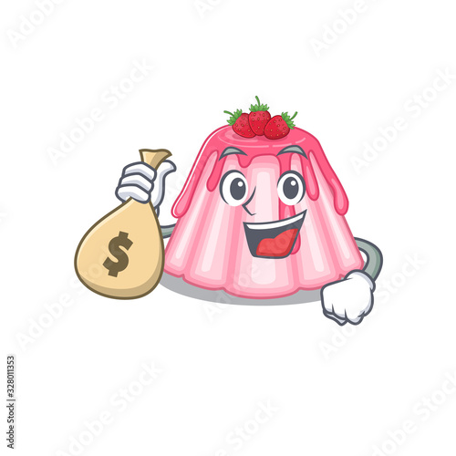 Rich and famous strawberry jelly cartoon character holding money bag