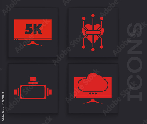 Set Computer monitor screen, Monitor display with 5k video, Processor and Virtual reality glasses icon. Vector