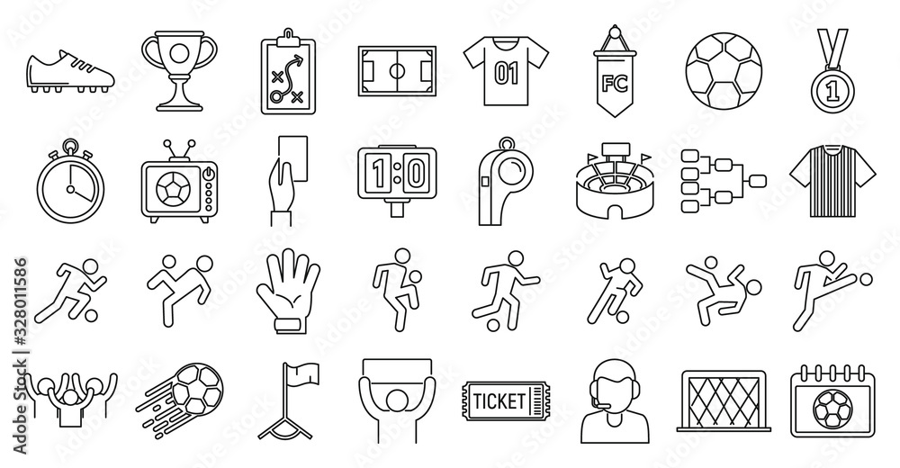 Football icons set. Outline set of football vector icons for web design isolated on white background