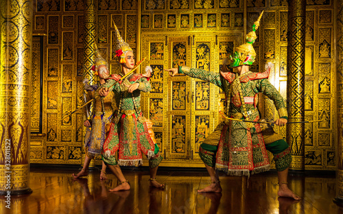 Ramayana story. The battle of Rama. Thailand Dancing in masked perform a Thai traditional masked ballet (Khon). Thai culture dancing art in masked khon.