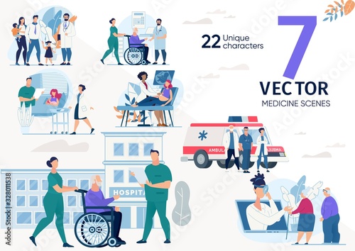 Family Doctor, Ambulance Service Team, Hospital or Rehabilitation Service Nurses, Senior and Disabled Patients Characters, Work Scenes Set. Medical Help Concepts Trendy Flat Vector Illustrations