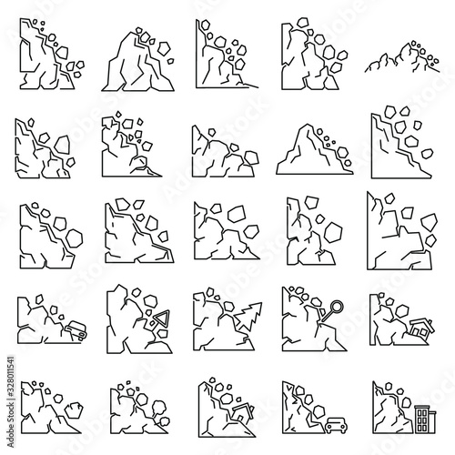 Danger landslide icons set. Outline set of danger landslide vector icons for web design isolated on white background
