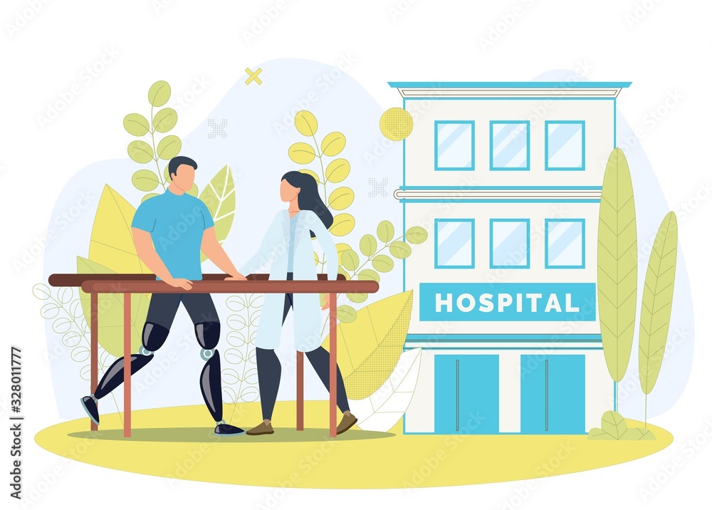 Naklejka premium Disabled People Clinical Physiotherapy Trendy Flat Vector Concept. Injured Man Learning to Walk on Leg Prosthesis, Female Nurse or Doctor Helping Disabled Patient in Rehabilitation Center Illustration