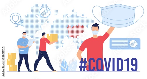 Humanitarian Aid for Affected by Coronavirus Epidemic Territory, Export in Special Protection and Masks, International Support for China Concept. Worker Carrying Cardboard Box Flat Vector Illustration