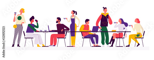 Young stylish people in coffeehouse drinking coffee at table talking, communicating, working. Flat vector illustration concept in trendy colours for banner, ui.