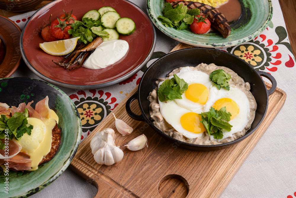 Healthy breakfast and clean eating concept from above. Copy space banner. Healthy breakfast and clean eating concept from above. Copy space banner.