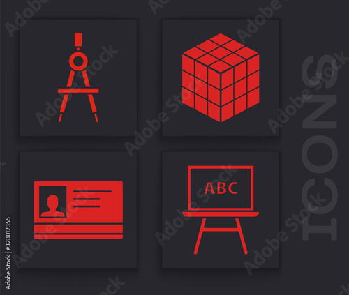 Set Chalkboard, Drawing compass, Rubik cube and Identification badge icon. Vector