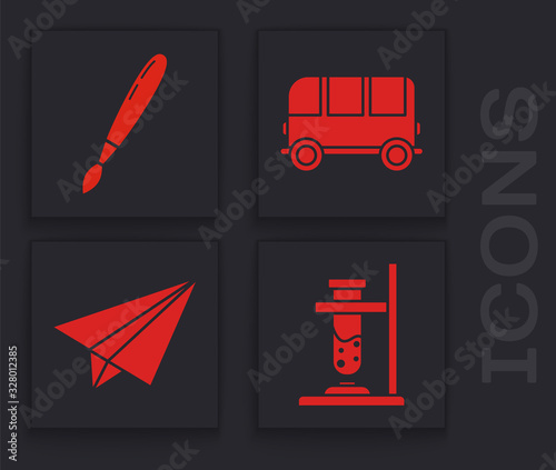 Set Glass test tube flask on fire, Paint brush, School Bus and Paper airplane icon. Vector