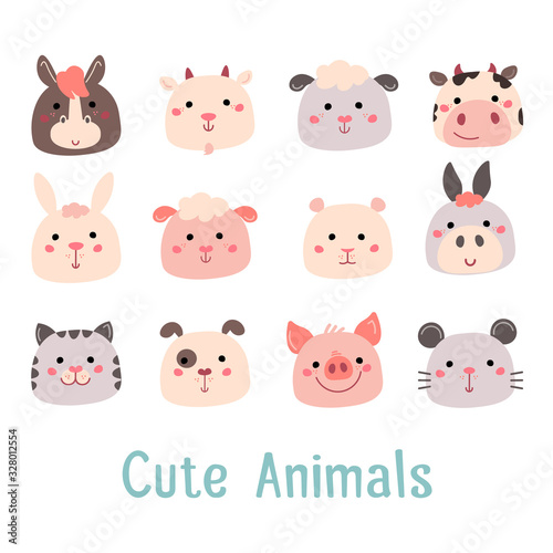 Hand drawn characters goat pig cow sheep cat dog mouse rabbit hamster donkey. For cards  invitations  baby clothes  posters and prints