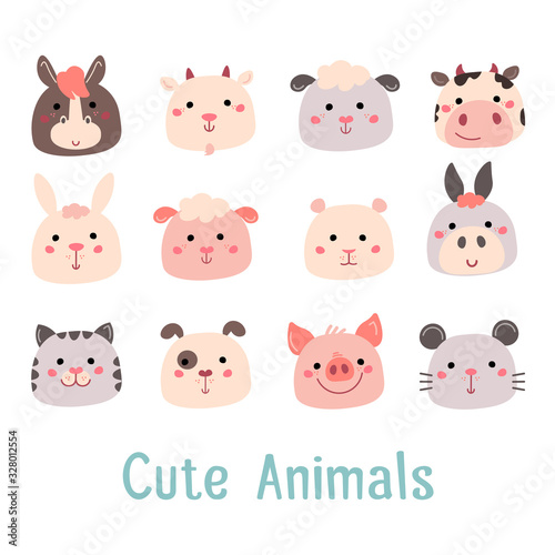 Hand drawn characters goat pig cow sheep cat dog mouse rabbit hamster donkey. For cards, invitations, baby clothes, posters and prints
