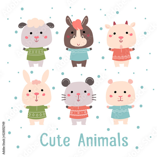 Hand drawn characters goat sheep mouse rabbit hamster donkey. For cards, invitations, baby clothes, posters 