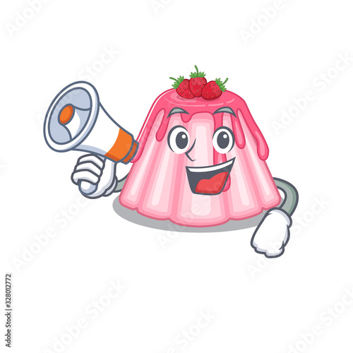 A mascot of strawberry jelly speaking on a megaphone