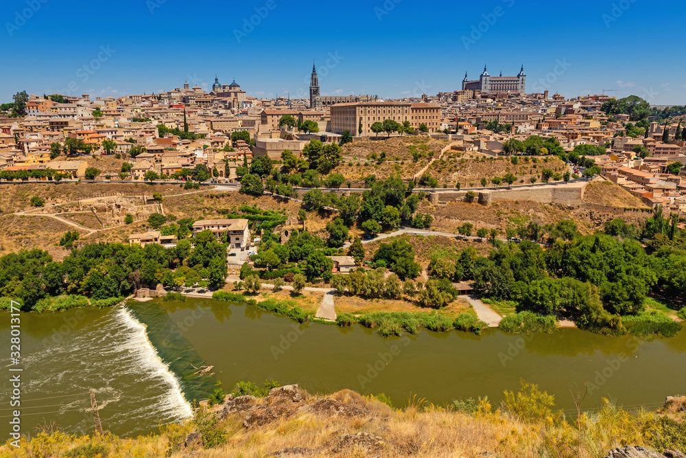 Panorama of the old historical city of Toledo and the Tagus  river. Toledo, Spain
