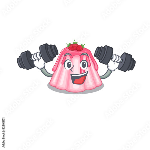 Sporty Fitness exercise strawberry jelly mascot design using barbells