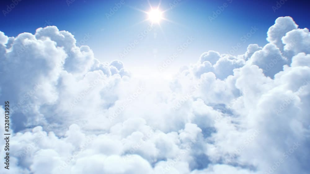 Natural Endless Cumulus Clouds Under the Shining Bright Sun Daylight Seamless. Flying Through the Nearest Clouds with the Afternoon Sun Looped 3d Animation. 4k Ultra HD 3840x2160