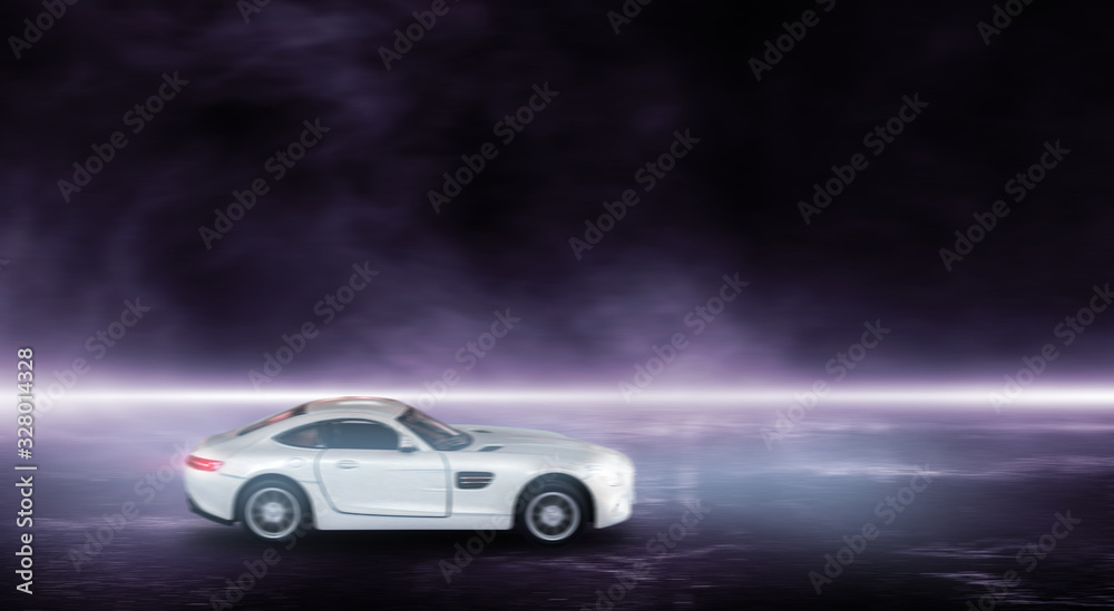 3D rendering white sport car creative blurry outdoor asphalt background with mist light high speed