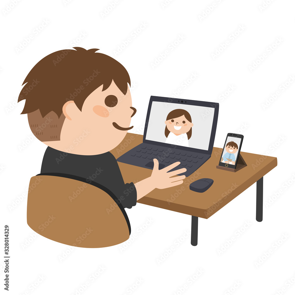 自宅でパソコンや携帯電話を使ってWeb会議をしている男性のイラスト。