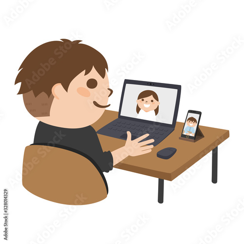 自宅でパソコンや携帯電話を使ってWeb会議をしている男性のイラスト。