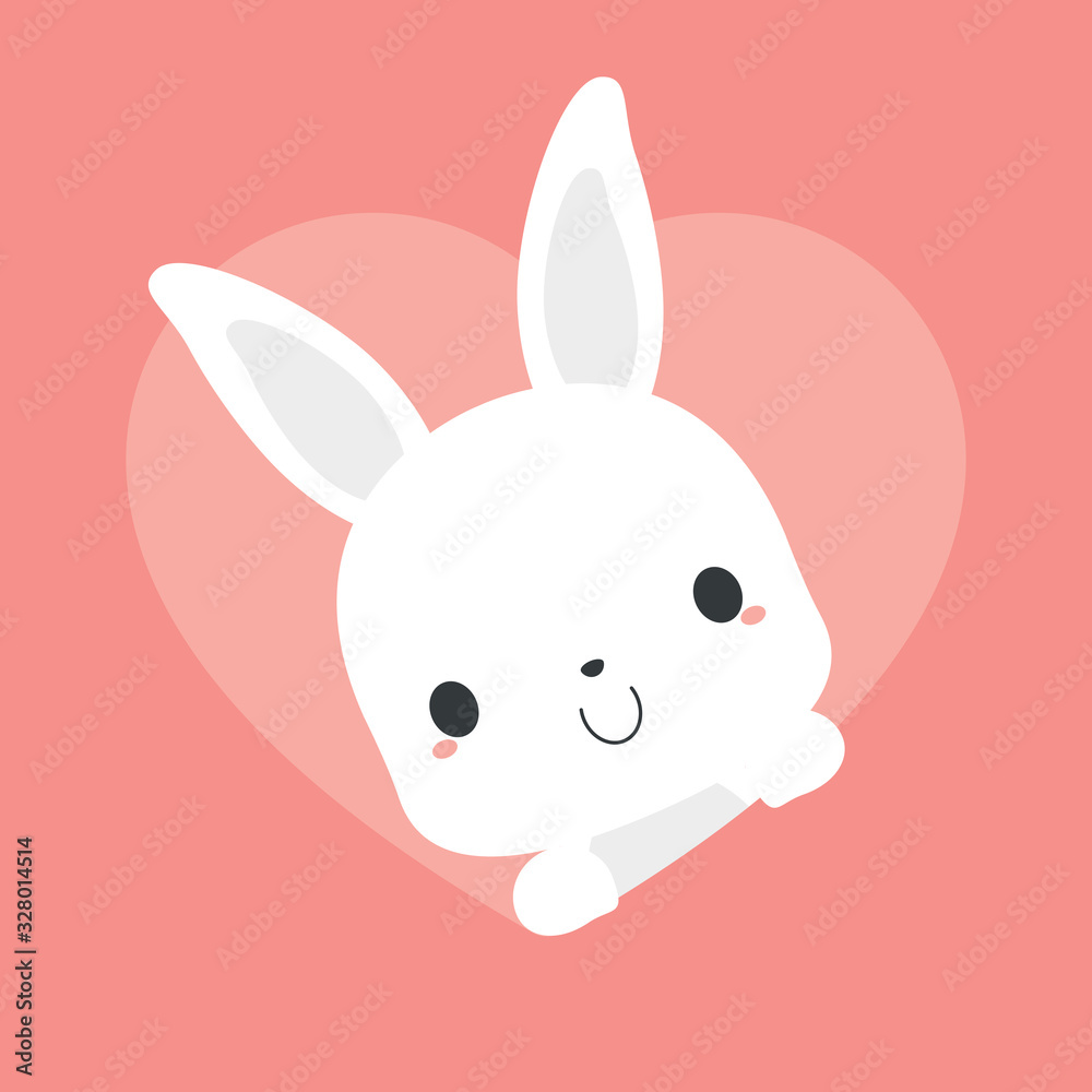 Cute white bunny rabbit appearing from pink heart shape background. Flat vector illustration.