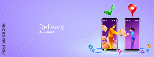 Online delivery services by smartphone. Express delivery mobile concept by courier and customer door to door. Vector illustration