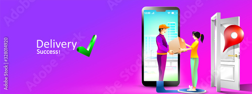 Online delivery service package to home with smartphone. Women receive a package by courier in front of home. Vector illustration