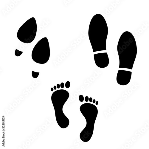 Set of black human footprints. Man and woman shoes trail and barefoot traces print isolated on white background. Vector EPS 10 illustration.