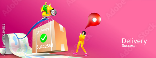 Fast delivery package by scooter on mobile phone with three dimensional concept. Tracking courier by map application. Vector illustration