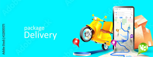 Online delivery services map tracking, scooter ,and package by mobile phone or smartphone with three dimensional concept. Vector illustration