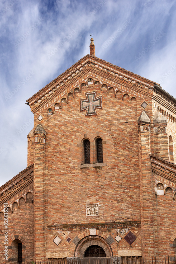 Bologna, Basilica of Santo Stefano or the Seven Churches, closeup of the facade of the Basilica of Saints Vitale and Agricola. Emilia-Romagna, Italy, Europe