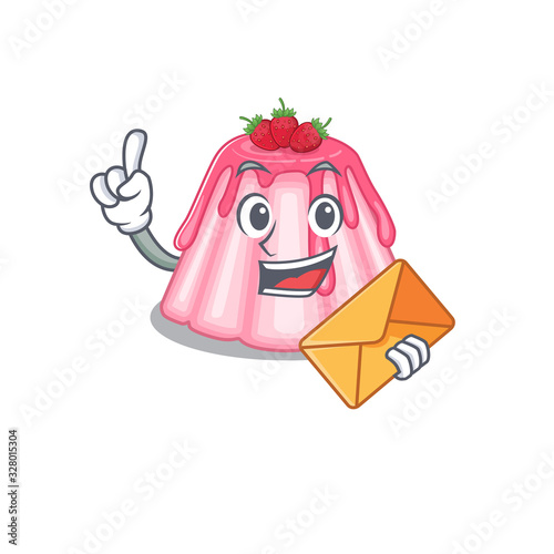 Happy face strawberry jelly mascot design with envelope
