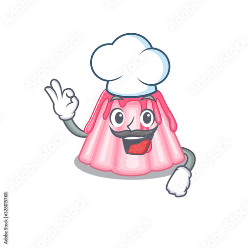 Strawberry jelly cartoon character working as a chef and wearing white hat