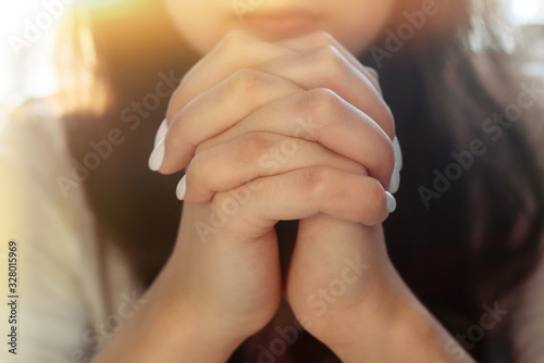 Woman hands praying to god. Woman Pray for god blessing to wishing have a better life. begging for forgiveness and believe in goodness. Christian life crisis prayer to god