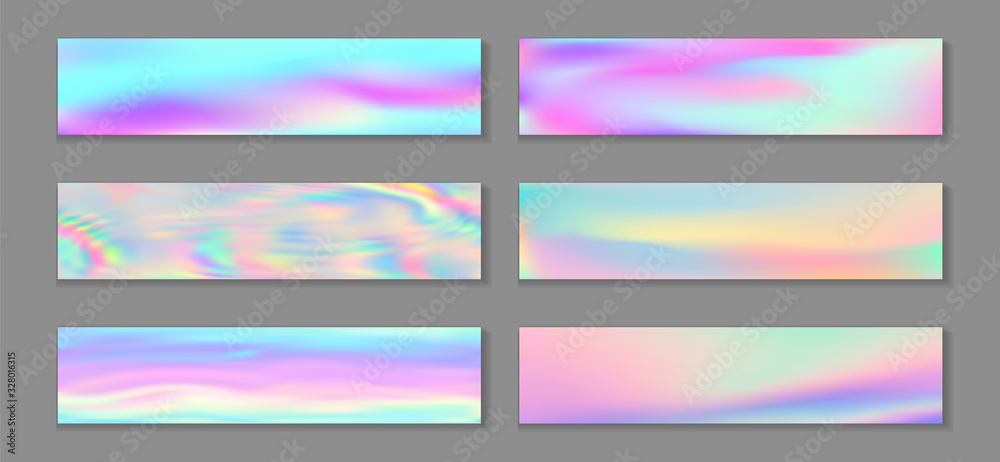Holography creative banner horizontal fluid gradient mermaid backgrounds vector set. Girlish 