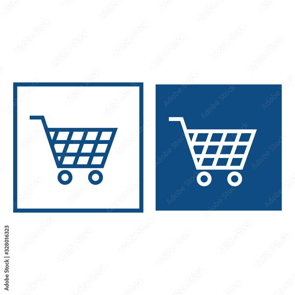 Shopping basket on wheels. The symbol is located in a square frame. Vector blue icons. Shopping basket on wheels. The symbol is located in a square frame. Vector blue icons.