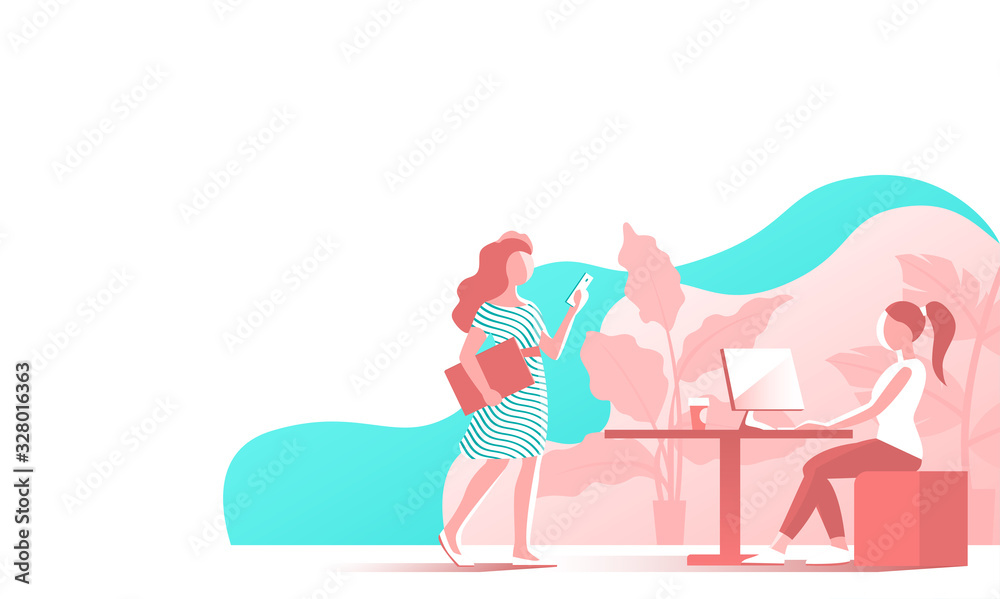 Modern young girls work in the office. One with a smartphone and documents. Another is sitting at the computer. Vector illustration.