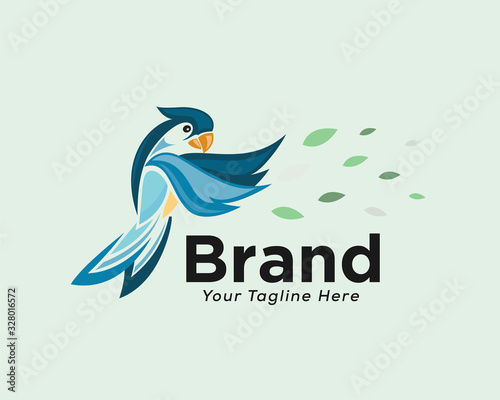 Colorful attraction flying parrot with leaf logo design inspiration