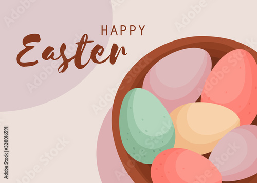 Happy Easter greeting card. Rustic basket with decorated easter eggs top view. Chocolate colorful eggs for spring religious holiday celebration. Vector illustration